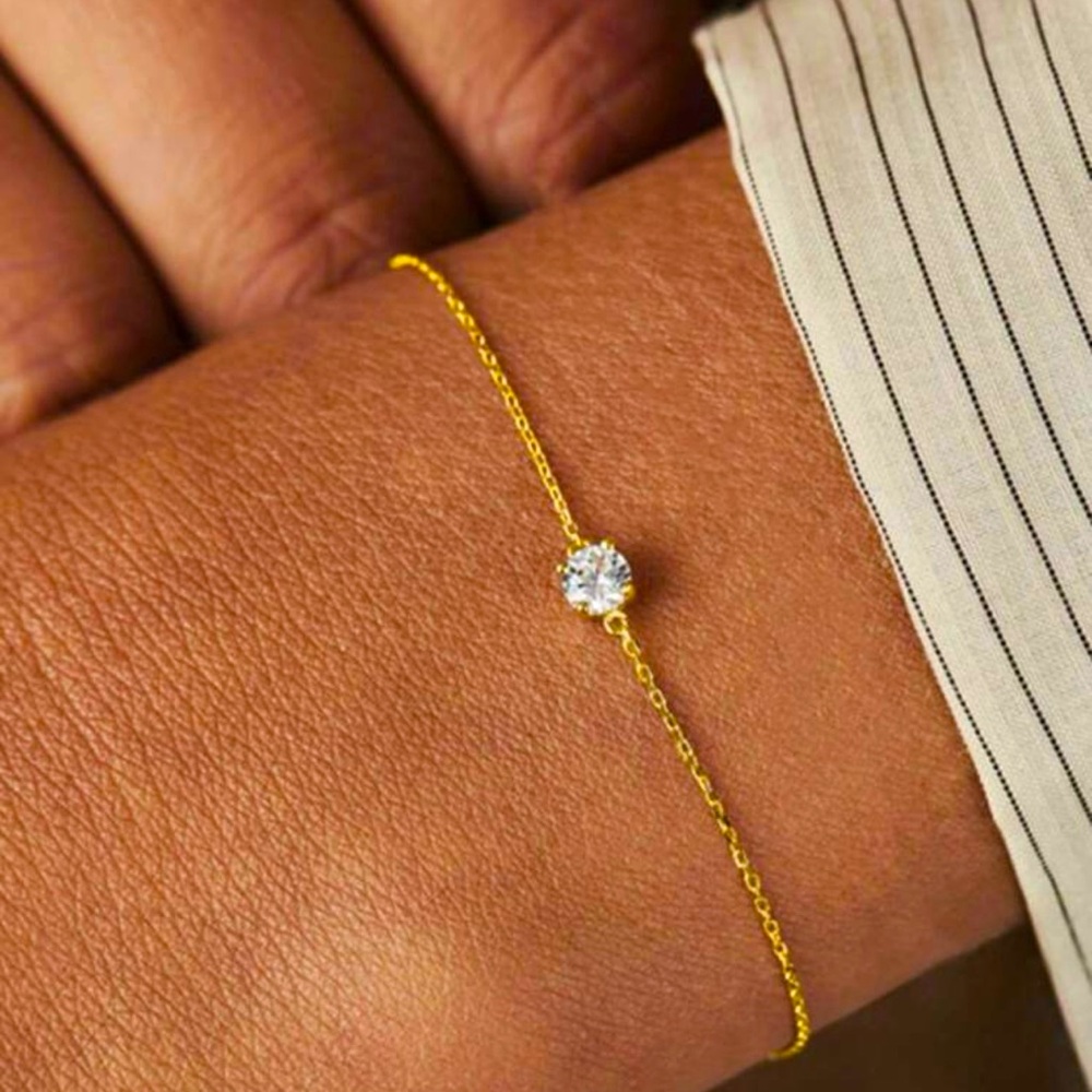 Gold Over Sterling Silver Bracelet with CZ Solitaire NIB - Picture 1 of 6